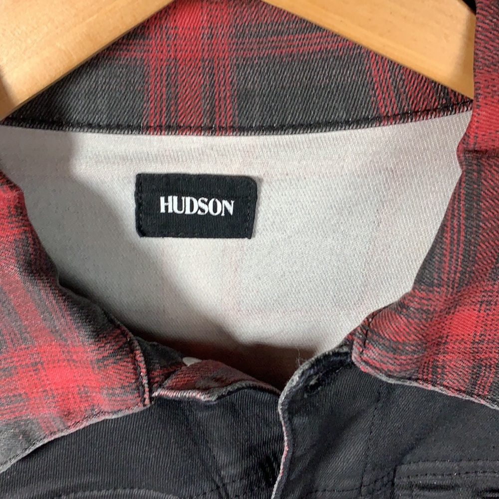 Rare HUDSON jean’s black & red buffalo check denim Jean Jacket Sz S Stretch - Picture 6 of 13